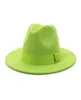 Lime Green Solid Color Wool Felt Jazz Fedora Hats with Ribbon Band Women Men Wide Brim Panama Party Trilby Wedding Hat5979825