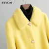 Misto lana da donna giallo solido lana spessa manica lunga vita alta con bottoni cintura giacca cappotto moda coreana inverno 231018