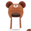 Berretti Cappelli Berretti Cappelli invernali Pompon Bambino con fodera in corda Cute Boy Girl Warm Bear Cappello lavorato a maglia Bambini Paraorecchie lavorato a maglia per bambino 221122 Ba Dhj1I