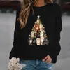 Suéteres femininos com estampa de árvore de gato de Natal para mulheres com capuz bonito camisa grande gráfica de manga comprida Fe Y2K moda suéter gráfico moda topL231018