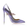 Dress Shoes Sky Blue Metallic Leather Woman High Heel Pointed Toe Shallow Stiletto Heels Pumps Slip-on Polished