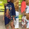 Sukienki zwyczajne sukienki plus wielkość odzież dla kobiet moda Choker Peacock Print jedno ramię nieregularny ruffled rąbek 2021 Summer vestidos271c