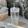 マグカップ600mlストライプガラスカップ蓋付きの透明なメガネとストロー飲酒コーヒーマグジュースミルクティーウォーターカップドリンクウェア231018