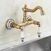 Kitchen Faucets Basin Antique Brass Wall Mounted Bathroom Sink Faucet Dual Handle Hole Swivel Spout Cold Water Tap 231018