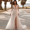 Boho Long Flare Sleeves Lace Appliques Weeding Dress Deep V-Neck Side Split A-Line Illusion Back Beach Bridal Gowns 328 328
