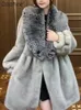 Женское пальто из искусственного меха с двойным лицом, шерстяное кожаное пальто с большим воротником и длинными рукавами, женское зимнее утепленное пальто с термофонариком, повседневное средней длины 231018