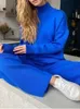 Tute da donna 2 pezzi Blu Set da donna Tuta lavorata a maglia Maglione dolcevita e pantaloni da jogging dritti Tute 231018