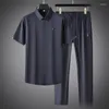 Herren-Trainingsanzüge, Minglu Sommer-nahtlose Polo-Shirts-Sets, hochwertige, kurzärmlige, dünne und seidige sportliche, lässige Herren-Trainingsanzüge