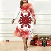 Lässige Kleider Rotes Weihnachtsthema-Kleid für Frauen Farbblockdruck mit langen Ärmeln Herbst Winter Übergroße Partyfrauenkleidung