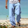 Мужские хлопковые штаны из конопли с эластичной резинкой на талии, свободные летние пляжные штаны на шнурке, мужские прямые брюки для бега, йоги, мужские