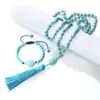 Halsbandörhängen Set Natural Stone Jewelry Japamala 108 Pärlor för kvinnor Män Yoga Meditation Armband Bohemian Blue Tassel Rosary Pendant