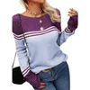 Womens Knits Tees Women Autumn Winter Colorblock Pullover Sweaters Round Neck Striped Slim Fitting Knitwear Tops 231018