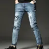 Skull Mens Hop-Hip broderi Soft Stretch Cotton Denim Slim Light Blue Jeans Vintage Casual Streetwear Pants289a