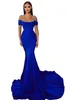 Roayl Blue Plus Size Sereia Vestidos de Noite Cintas de Espaguete Frisado Plissados Drapeados Até O Chão Desgaste Formal Vestido de Festa Pageant Noivado Celebridade Vestidos de Baile