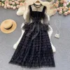 Casual Dresses Elegant Lace Pleated Mesh O-neck Chiffon Dress A-line Long Sleeves High Waisted Women's Ceremonial