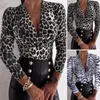 Blusas femininas blusa com decote em v elegante leopardo/tigre impressão profunda elegante fino ajuste plissado moletom para primavera/outono