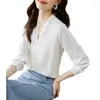 Kvinnor BLOUSES SPRING Autumn 2023 Korean Fashion V Neck Long Sleeve White Blouse Kvinna Satin Women S-XXL Loose Elegant Tops