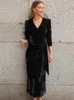 Urban Sexy Dresses Autumn Velvet Midi Dress V Neck Long Sleeve Ruched Elegant BodyCon Black Women Clothing 2023 Ankomster Vestidos 231018