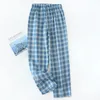 Mäns sömnkläder för design sommar och bomullstunna byxor fickor rutig sida med långt rep midja pyjamas vår höst