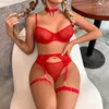 Ensemble Sexy rouge soutien-gorge de noël femmes Lingerie solide maille dentelle Patchwork Chemises sous-vêtements avec porte-jarretelles érotique 231017