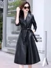 Kvinnors läder Autumn Winter Long Blue Black Soft Sheepskin Trench Coat for Women Belt Kirted Elegant Luxury Fashion M-5XL