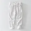 Calças masculinas casual algodão linho para homens roupas cordão elástico cintura cor sólida reta solta ajuste ramie calças