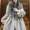 Женское пальто из искусственного меха с двойным лицом, шерстяное кожаное пальто с большим воротником и длинными рукавами, женское зимнее утепленное пальто с термофонариком, повседневное средней длины 231018