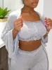 Survêtements pour femmes Solid Lace Crochet Bra Crop Tops Pantalon Skinny Ouvert Devant Longs Manteaux Ensemble Loungewear Casual Femmes 3 Pièces 231018