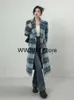 Dames wollen blends herfst winter lange warme blauwe plaid wollen jassen vrouw uit het keren Koreaanse mode elegant jasje losse kleding ontwerp 231018