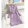 Women 'Blend Winter Celebrity Purple Vintage Woven Lace Up Woolen Jacket Tassel Tweed Mid Length Coat 231018