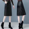 Saias outono inverno saia de couro mulheres moda elegante tamanho grande pu longo midi feminino cintura alta split pacote hip 5xl