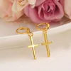 Design especial exclusivo cristão vogue feminino verdadeiro real 14k sólido fino ouro amarelo gf crucifixo cruz atemporal charme brincos292e