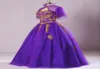 Verklig bild Organza Vintage Purple Prom Dresses Sweetheart Gold Applicants veck Sheer Bolero Lace Up Back QuinCeanera Dresses Form4418258