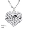 Teamer Clear Blue Pink Crystal Heart Engraved Teacher Pendant Necklace With Link Chain Fashion Jewelry For Teacher's Day Gift1905