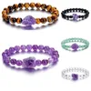 Reiki-Heilstein-Strang-Armband, unregelmäßiger roher Amethyst, Druzy-Charms, schwarz-weiße Perlen, elastischer Energie-Armreif für Damen und Herren