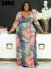 Plus Size Dresses SOMO Leaves Print Maxi Dress Women Deep V Long Sleeve Vestidos Casual Lace Up Clothing Wholesale Drop