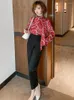Work Dresses Vintage Printed Ruffle Shirt High Versatile Suit Pants Women 2023 Spring Quality Top