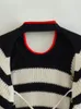 Kadın Sweaters Mesttraf Kadınlar 2023 Moda Seksi Yuvarlak Boyun Stripe Kısa Kazak Vintage Uzun Kollu Arka Bağlı Örgü Kırpılmış