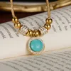 Luxury Crystals Blue Turquoise Round Pendant Stainless Steel Fashion Simple Gold Beads Necklace Chain 18inch for Women Lady