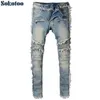 Sokotoo Erkekler Vintage Yıkanmış Denim Fringe Biker için Moto Moda İçin Kot Kot Slim Fit Big ve Tall212o