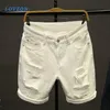 Män vit denim shorts nya sommar män hål korta jeans bomull sträcker casual284g