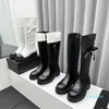 Leather Knee-high boots Round toe Ribbon zip Booties chunky block heels black white women designer Casual shoes factory footwear