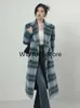 Dames wollen blends herfst winter lange warme blauwe plaid wollen jassen vrouw uit het keren Koreaanse mode elegant jasje losse kleding ontwerp 231018