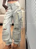 Kadınlar Kot ağır endüstri çok cep yıkanmış kargo pantolon y2k vintage sokak kıyafeti yüksek artış gevşek büyük boy düz bacak 231018