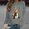 Suéteres femininos com estampa de árvore de gato de Natal para mulheres com capuz bonito camisa grande gráfica de manga comprida Fe Y2K moda suéter gráfico moda topL231018