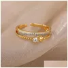 Anneaux de mariage Anneaux de mariage Zircon coeur ouvert pour les femmes or Sier couleur acier inoxydable réglable femme bague de fiançailles bijoux Jewe Dhxuc