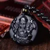 Doğal siyah obsidiyen oyma Ganesh Fil Şanslı Kolyeler Kolye İnce Taş Kristal Moda Kadın Adam Musluk Mücevher1252v