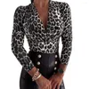 Blusas femininas blusa com decote em v elegante leopardo/tigre impressão profunda elegante fino ajuste plissado moletom para primavera/outono