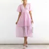 Party Dresses High Waist Lantern Sleeve V Neck Dress Solid Color Mesh Yarn Button Long Casual Elegant Women Summer Vestido