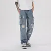 Jeans pour hommes Cargo Jeans Hommes Mode Grandes poches Pantalons décontractés Hip-Hop Droit Baggy Large Jambe Denim Pantalon Mâle Rétro Streetwear 231017